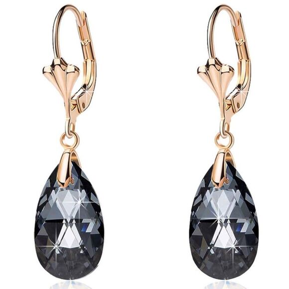 14K Yellow Gold with Charcoal Gray Austrian Crystal Teardrop Leverback Earrings - Picture 1 of 6